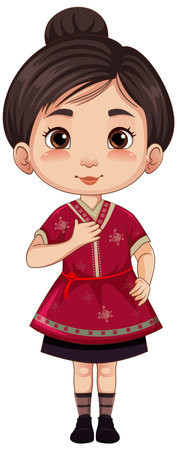 Chinese girl cartoon character in traditional outfit illustrationのイラスト素材