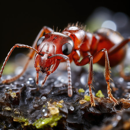A macro shot of an ant carrying food, highlighting its strength and determination.の素材