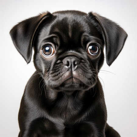 A curious Pug puppy (Canis lupus familiaris) standing with an inquisitive look.の素材