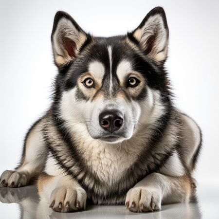A Siberian Husky (Canis lupus familiaris) with dichromatic eyes posing elegantly.の素材