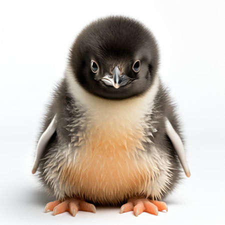 A young Penguin (Spheniscidae) with fluffy grey feathers.の素材
