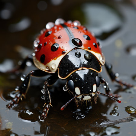 A close-up view of a ladybird on a daisy, its black spots contrasting with the white petals.の素材