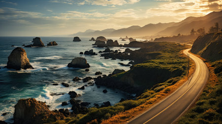 A sunlit view of the Californian coast along Highway 1, with cliffs plunging into the Pacific Ocean and the road winding along the coastline.の素材