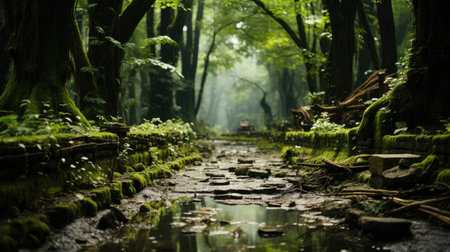 A dense bamboo forest, with towering green stalks swaying in the wind and a carpet of fallen leaves underfoot.の素材