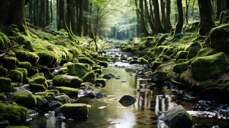 A serene woodland stream, babbling over moss-covered stones and disappearing into a canopy of verdant green.の素材