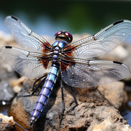 An intimate view of a dragonfly on a reed, its wings catching the light and creating a spectrum of colors.の素材
