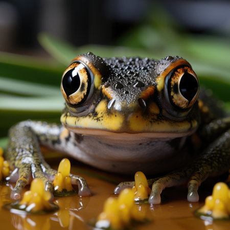 A zoomed-in perspective of a frog on a lily pad, its eyes just above the water, watching the world go by.の素材