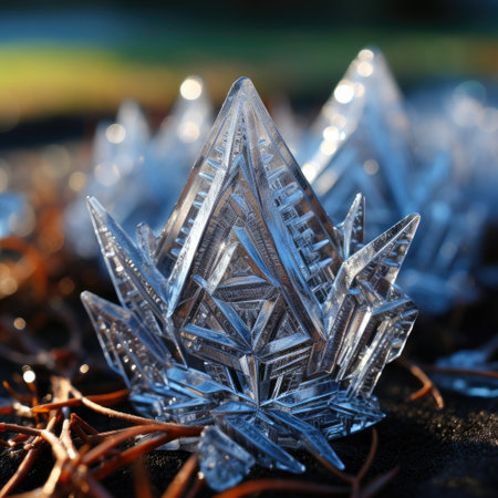 A zoomed-in perspective of an ice crystal forming on a windowpane, its complex patterns slowly spreading outwards, a miniature winter wonderland.の素材