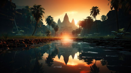 A misty dawn over Cambodia's Angkor Wat, the silhouette of the ancient temple complex mirrored in a still pond.の素材