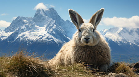 The serene landscape of a New Zealand sheep farm, with rolling green pastures and a backdrop of snow-capped mountains.の素材