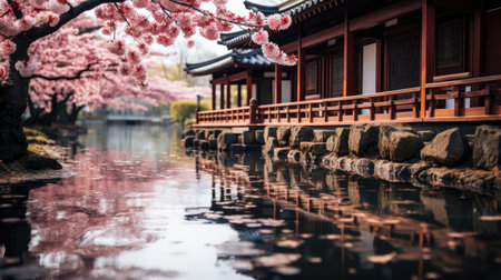 A picturesque view of cherry blossoms in full bloom beside a serene pond in a traditional Japanese garden.の素材