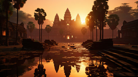 A misty dawn over Cambodia's Angkor Wat, the silhouette of the ancient temple complex mirrored in a still pond.の素材