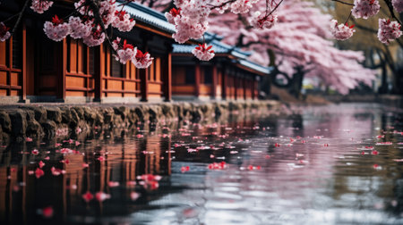 A picturesque view of cherry blossoms in full bloom beside a serene pond in a traditional Japanese garden.の素材