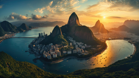 An iconic view of Rio de Janeiro with Christ the Redeemer overlooking the city, Sugarloaf Mountain, and the Atlantic Ocean.の素材