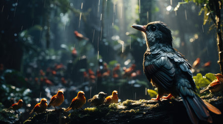 A tropical Indonesian rainforest with lush green canopy, interspersed by splashes of colorful exotic birds.の素材