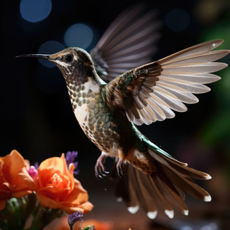 An extreme close-up of a hummingbird feeding on a trumpet vine flower, its wings a blur, and pollen dusting its beak.の素材