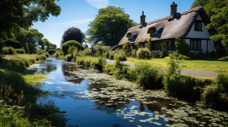 A quaint English village with thatched cottages, a duck pond, and a charming old church nestled among vibrant green fields.の素材