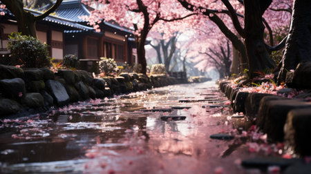 An enchanted grove filled with cherry blossoms in full bloom, petals gently falling in the breeze.の素材
