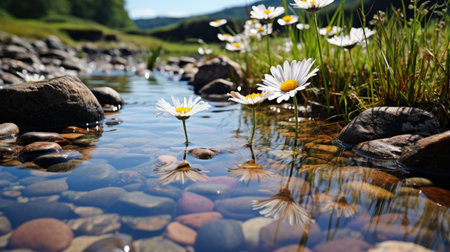A lush, green meadow dotted with white daisies, bisected by a clear brook bubbling over smooth stones.の素材