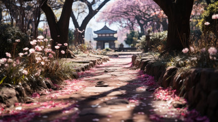 An enchanted grove filled with cherry blossoms in full bloom, petals gently falling in the breeze.の素材