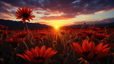 A vast sunflower field at dusk, under a dramatic sky painted with hues of orange and red.の素材