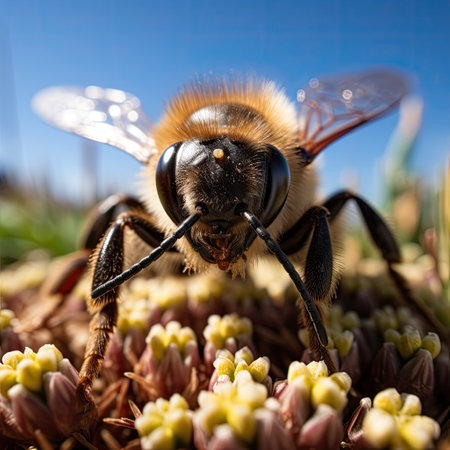 A zoomed-in perspective of a bee landing on a clover flower, its legs laden with pollen, its wings glinting in the sun.の素材
