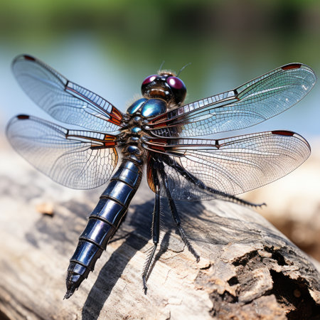 A close-up view of a dragonfly on a reed, its wings catching the light and creating a spectrum of colors.の素材