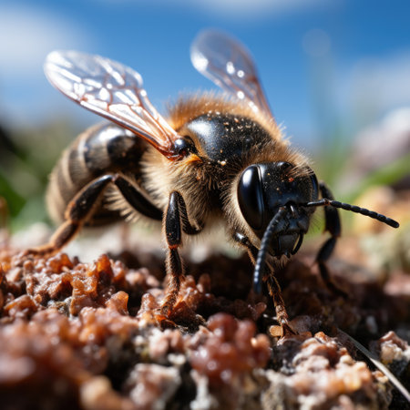 A macro look at a bee landing on a clover flower, its legs laden with pollen, its wings glinting in the sun.の素材