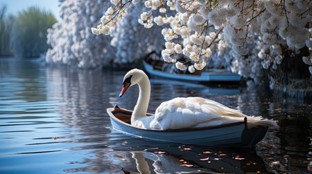 A peaceful riverside scene with weeping willows, a wooden rowboat tied to a small jetty, and a swan gliding gently on the water.の素材