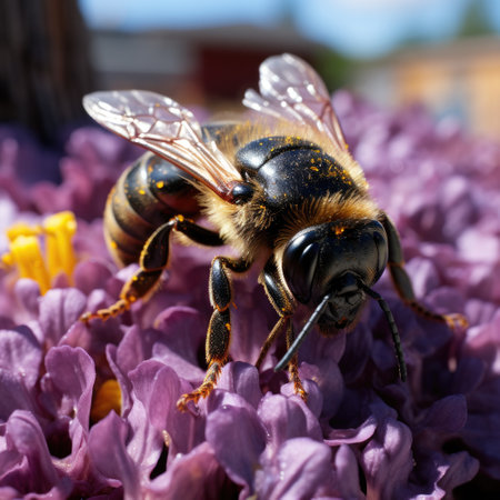 A tight view of a vibrant marigold, a bee buried in the yellow petals, and a drop of nectar slowly trickling down.の素材