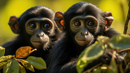A group of spider monkeys (Ateles geoffroyi) playing in the treetops of Costa Rica's Manuel Antonio National Park, their agile forms and long limbs a testament to life in the canopy.の素材