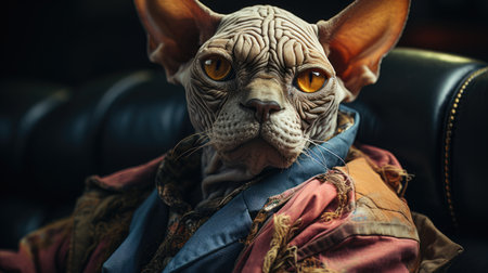 A Sphynx Cat (Felis catus) lounging on a sofa, its lack of coat, wrinkled skin, and large ears creating a unique and exotic look.の素材