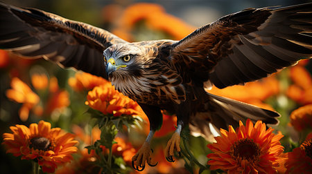 A Ruby-throated Hummingbird (Archilochus colubris) hovering mid-air in a North American garden, its wings beating rapidly and its iridescent red throat catching the morning light.の素材