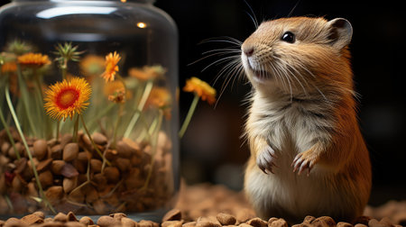 A Gerbil (Gerbillinae) nibbling on a seed in a glass tank, its agile body and soft fur making it an attractive pet for children.の素材