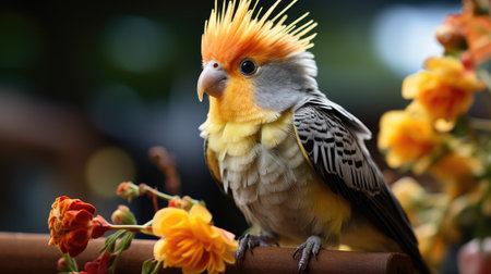 A Cockatiel (Nymphicus hollandicus) perched on an owner's finger, its crested head and orange cheek patches making it a cute and companionable pet.の素材