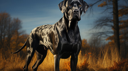 A Great Dane (Canis lupus familiaris) standing majestically in a park, its immense size and sleek coat making it a truly regal presence.の素材