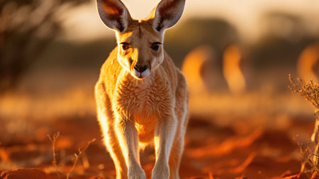 A red kangaroo (Macropus rufus) hopping across the red sands of Australia's Outback, the setting sun casting long shadows and painting the sky a vibrant orange.の素材