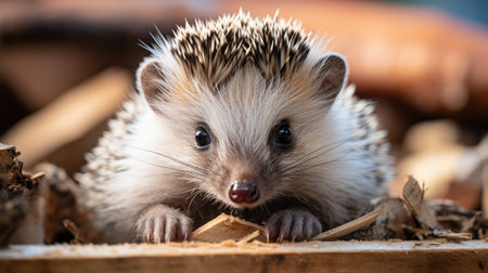A Hedgehog (Erinaceinae) curling into a ball in its cage, its quills and cute face making it a unique and interesting pet.の素材