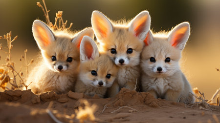 A group of Fennec Foxes (Vulpes zerda) huddled together in the Sahara Desert, their large ears and fluffy tails a cute sight against the sandy landscape.の素材