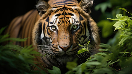 A Bengal tiger (Panthera tigris tigris) quietly stalking its prey through the thick underbrush of India's Sundarbans National Park, its striking orange and black coat a stark contrast to the lush green foliage.の素材