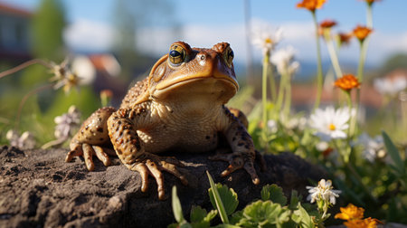 A Common Toad (Bufo bufo) sitting still in a garden in Europe, its warty skin and golden eyes a fascinating sight against the green grass.の素材