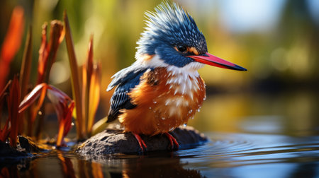 A Malachite Kingfisher (Corythornis cristatus) perched on a reed in Botswana's Okavango Delta, its brilliant blue and orange feathers reflecting in the calm water below.の素材