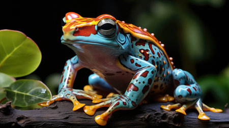 A Giant Leaf Frog (Phyllomedusa bicolor) hanging from a branch in the Amazon Rainforest, its long limbs and bright coloration a vibrant image against the dark backdrop.の素材