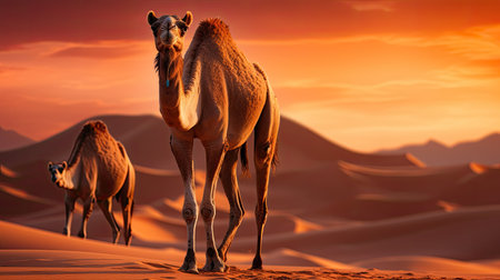 A Dromedary Camel (Camelus dromedarius) standing tall in the sand dunes of Morocco's Sahara Desert, its hump and long legs a silhouette against the setting sun.の素材