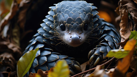 A pangolin (Manis) curling into a ball in the forests of Vietnam, its overlapping scales forming an impressive armor against the leafy backdrop.の素材
