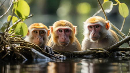 A group of Proboscis Monkeys (Nasalis larvatus) feeding in the mangroves of Borneo, their large noses and potbellies a comical sight amongst the foliage.の素材