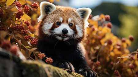 A Red Panda (Ailurus fulgens) lounging in the tree branches in China's Qinling Mountains, its rust-colored fur, striped tail, and masked face a charming sight amongst the bamboo.の素材