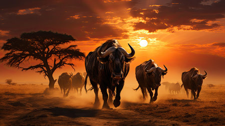 A group of Wildebeest (Connochaetes taurinus) thundering across the plains of Tanzania's Serengeti National Park during their annual migration, their silhouettes a dramatic spectacle against the setting sun.の素材