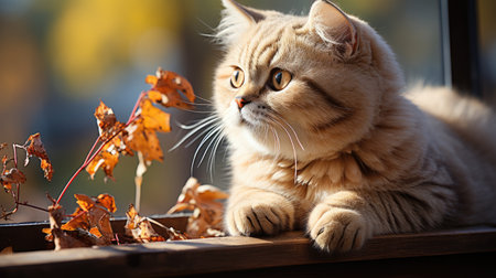 A Scottish Fold Cat (Felis catus) sitting on a windowsill, its folded ears and round face making it an irresistibly cute pet.の素材