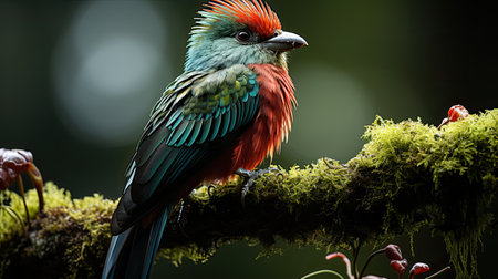 A resplendent quetzal (Pharomachrus mocinno) perched on a mossy branch in Costa Rica's cloud forest, its vibrant green feathers, red chest, and long tail a spectacle of nature's grandeur.の素材